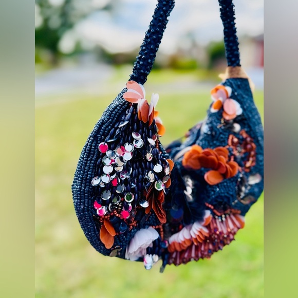 Navy Floral Sequin & Beaded Statement Shoulder Bag – Rare Viral Find ✨ - Picture 7 of 13